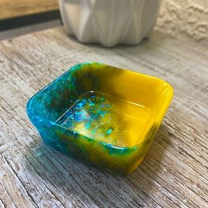 Handmade Agate / Geode Inspired Jewelry Dish - Black and Yellow W/ Blue Glitter